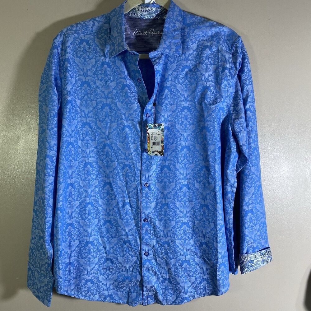 Robert Graham Shirt Men 3XL Blue Bayview  Paisley Flip Contrast Cuff Long Sleeve
